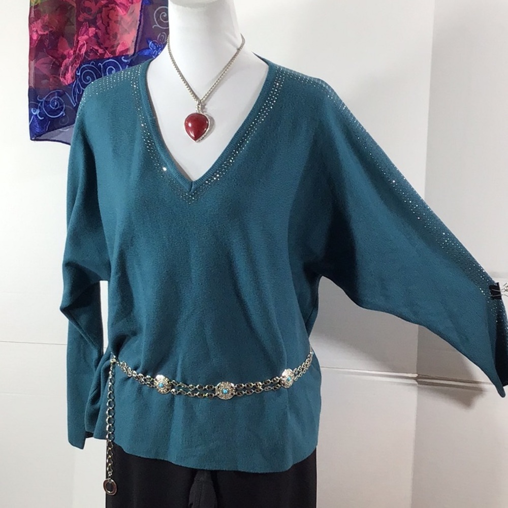Liv Milano teal embellished v neck sweater L